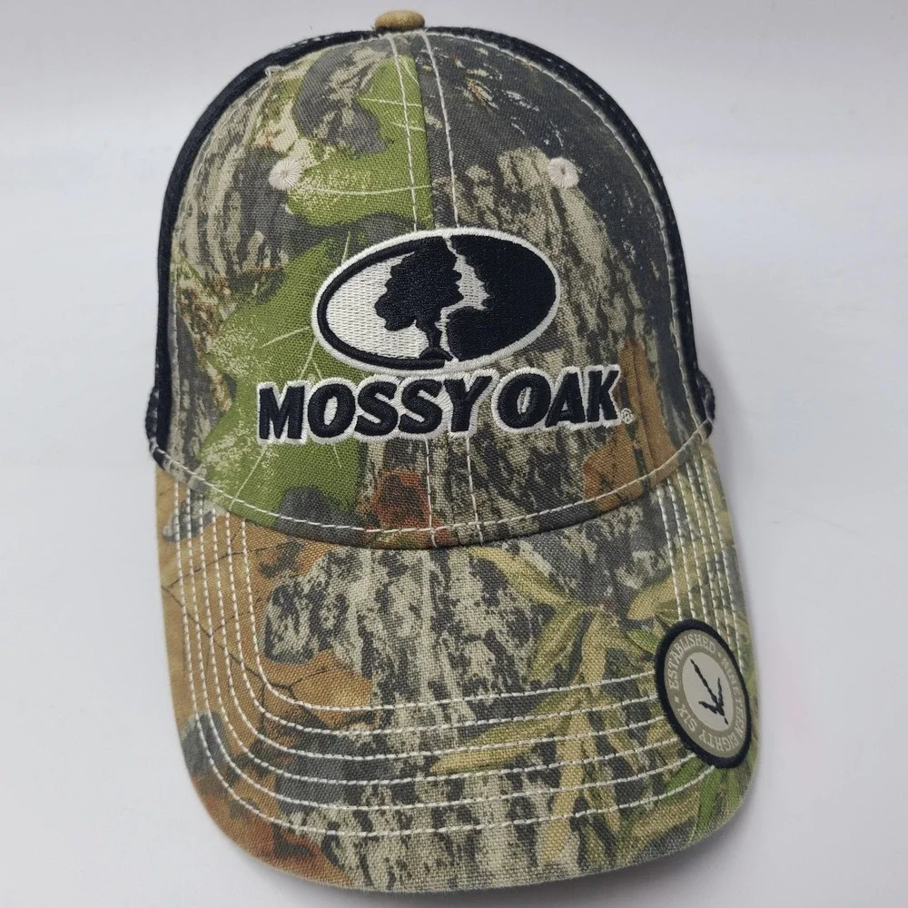 Mossy Oak Hat Fitted S-M Trucker Mesh Camo Green Black Hunting Outdoor Logo Men